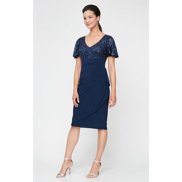 Alex Evenings sz 10 navy blue V-Neck Empire Waist Sheath Dress flutter Sleeves - Picture 1 of 6